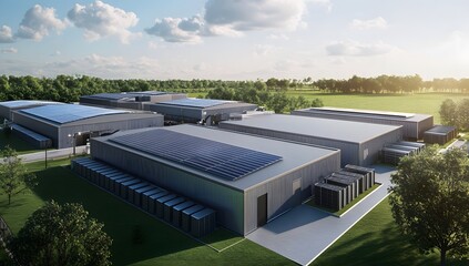 Aerial view of modern data center complex with solar panels, surrounded by trees and fields