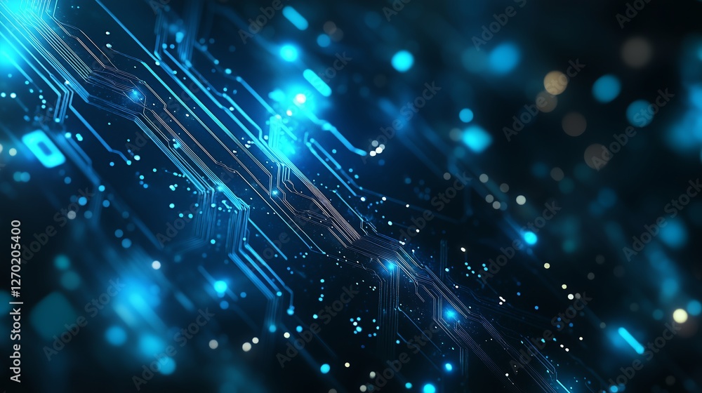 Poster top view of ai microchip with thin circuit lines on glowing blue background, clean, modern layout wi