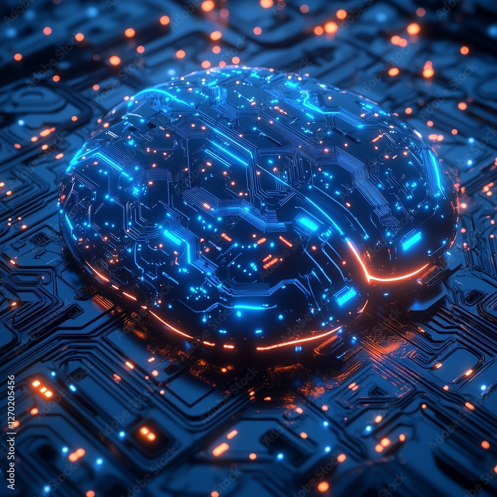 Poster digital ai chip integrated into a futuristic brain, glowing neon blue circuitry with ample dark copy