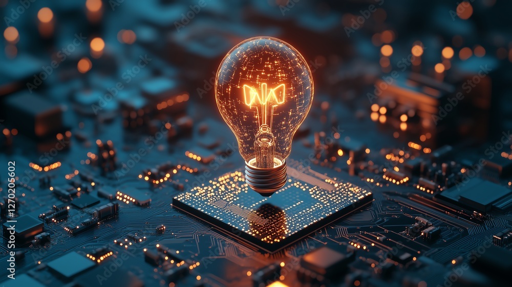 Poster ai chip glowing with lightbulb symbolizing innovation on a clean blue technology background, minimal