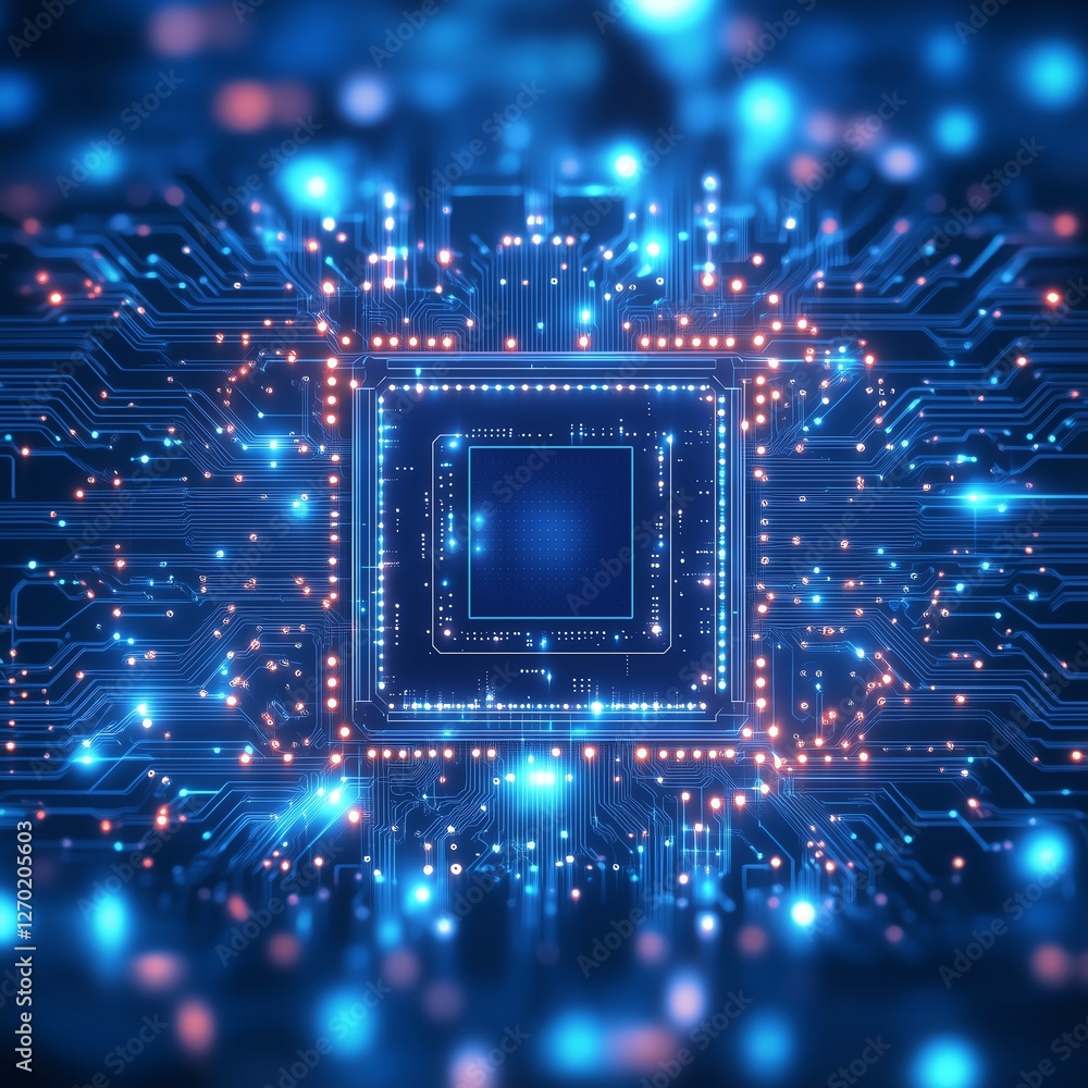 Poster abstract ai chip with glowing circuit lines on a clean blue tech background, offering ample copy spa