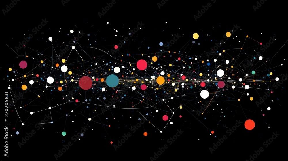 Poster abstract network connection with colorful dots on a dark background