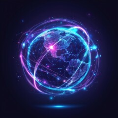 Naklejka premium Digital globe with blue and purple neon circuits wrapping around it, representing global data exchange on a sleek dark tech background.