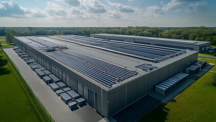 Aerial view of industrial building with solar panels on the roof,  storage and servers in the foreground.