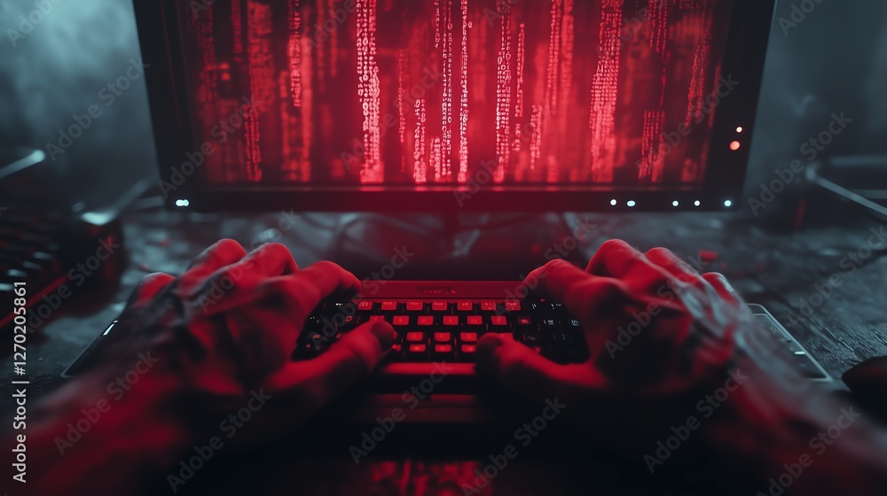 Poster close-up of hands typing with glowing malicious code on a dark monitor.
