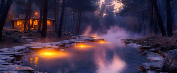Snowy Forest Stream With Warm Cabin Lights
