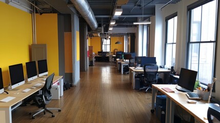 Modern office desktop workspace at a digital agency featuring a sleek computer setup, stylish accessories, and minimalist design for a productive and creative work environment
