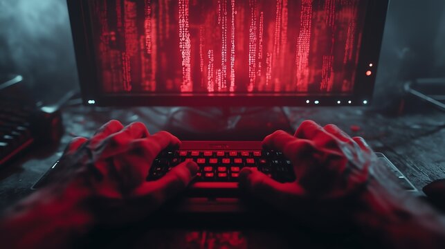 Close-up of hands typing with glowing malicious code on a dark monitor.
