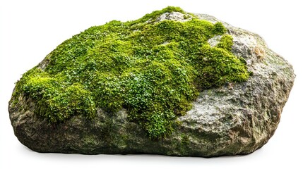 Moss-covered stone, lush and green, isolated on white background.