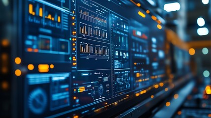 Obraz premium SCADA automation system control panel on a computer screen, live data and metrics displayed in a clean, minimalist background showcasing industrial monitoring systems.