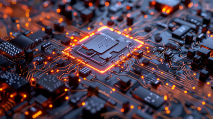 AI Chip with Glowing Neural Circuits, Generative AI