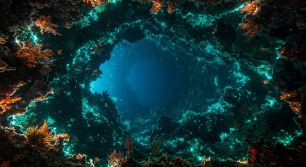 Fototapeta premium Underwater cavern with coral formations and deep blue water