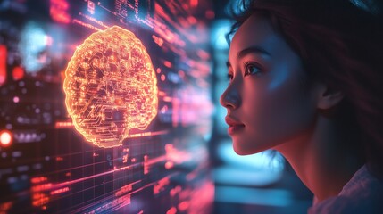Professional businesswoman analyzing data on a virtual screen with glowing machine learning algorithms, coding interfaces, and vibrant neon holograms in a futuristic office.