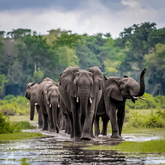 Fototapeta premium A group of elephants walking through a wetland. The elephants are walking single file, with their trunks raised. The background is a lush green forest. The ground is covered with water.