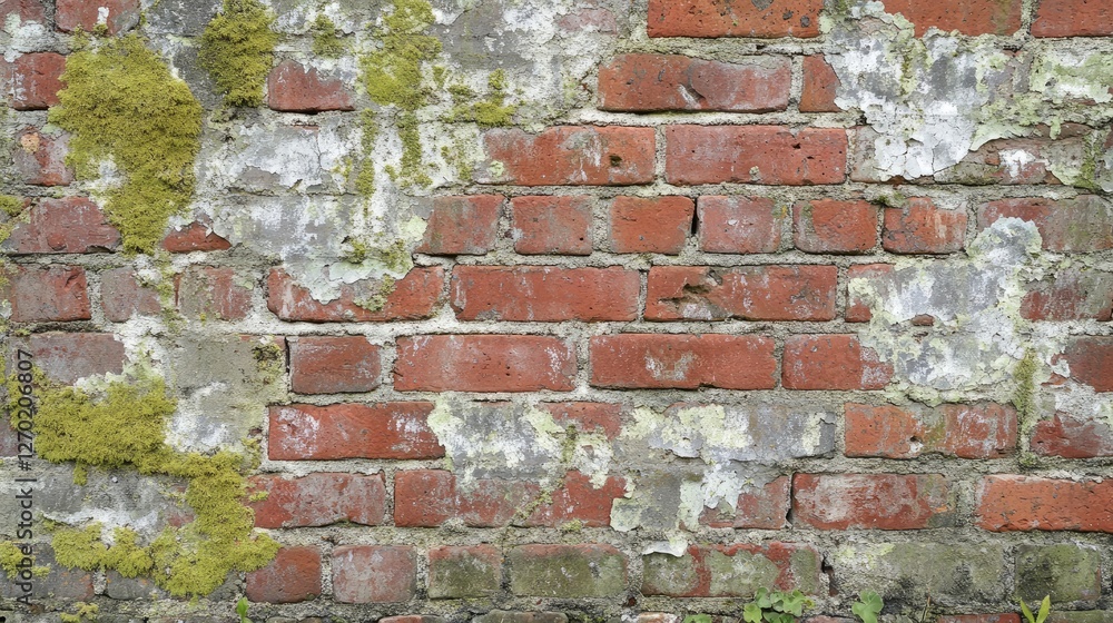 Poster rustic old brick wall with patches of moss and peeling plaster, creating an aged and historical look