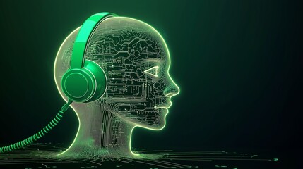 Illustration of a green telephone and glowing wire shaped like a human head, symbolizing AI’s role in voice-changing, spoofing, and internet fraud.