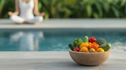 Naklejka premium Meditation with fresh fruits near a tranquil pool.