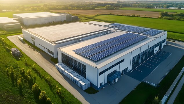 Aerial view of modern industrial complex with solar panels, rural landscape background