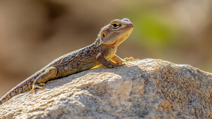 Naklejka premium lizard basking on warm rock under sun, showcasing its vibrant colors and textures