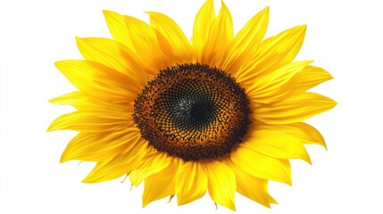 Obraz premium Single sunflower, bright yellow petals with dark center, isolated on white background.