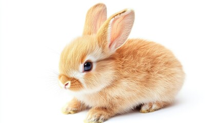 Obraz premium Small baby rabbit, soft and fluffy, ears perked up, isolated on white background.
