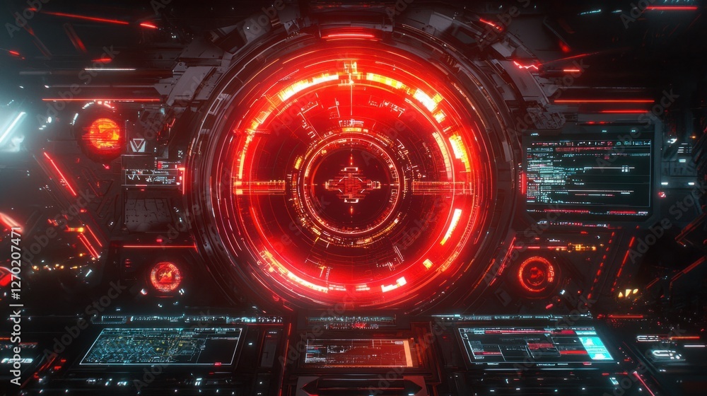 Poster futuristic digital interface with red lights and sci-fi elements