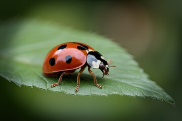 Fototapeta premium Macro of ladybug on green leaf, shallow depth of field, bright and vivid, nature close-up, peaceful insect detail, red and black colors, natural light