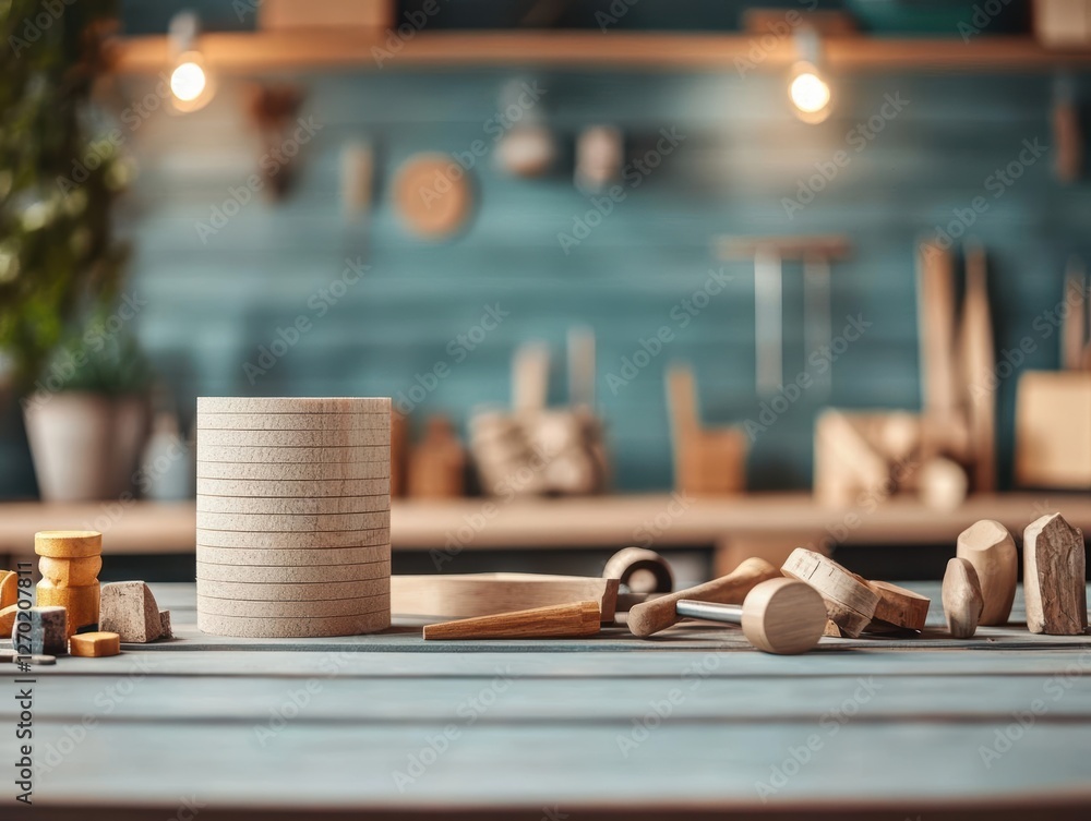 Poster colorful stack of wooden blocks and toys arranged neatly on a smooth surface creating a playful and 