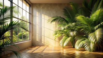 Fototapeta premium Serene Interior with Lush Tropical Foliage Bathed in Sunlight Streaming Through a Large Window onto a Hardwood Floor