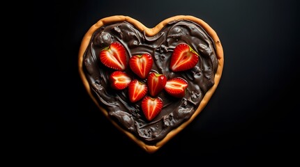 Heart Shaped Pizza with Chocolate and Strawberries on Dark Background