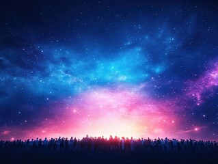 Fototapeta premium Silhouetted Figures Against a Starry Night Sky with Milky Way Galaxy Creating a Dreamy and Enchanting Atmosphere of Wonder and Exploration