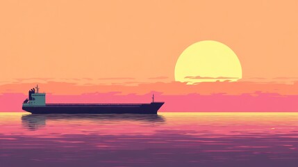 Minimalist cargo ship sailing at sunset, serene ocean view background