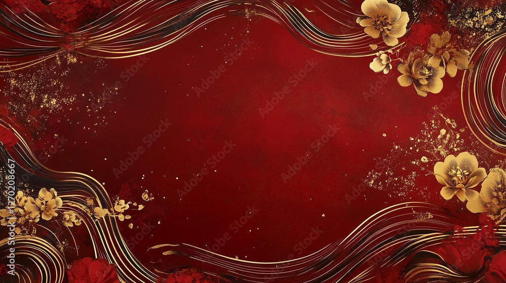 Poster modern chinese new year abstract design with floral and wave patterns in gold, space for text.