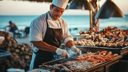 Beachside Seafood Grill: Chef Preparing Delicious Grilled Shrimps at Sunset