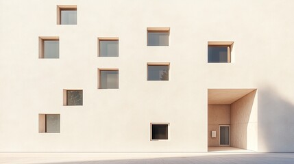 A clean, neutral-colored wall of a building with small windows scattered across it.