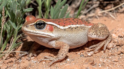 Fototapeta premium Closeup Profile Of A Reddish Brown Speckled Frog On Sandy Ground