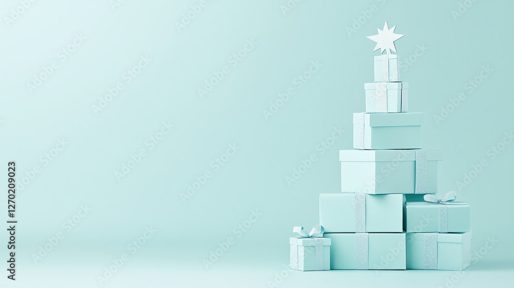Poster paper cut gift boxes stacked from large to small, resembling a christmas tree, on a simple backgroun
