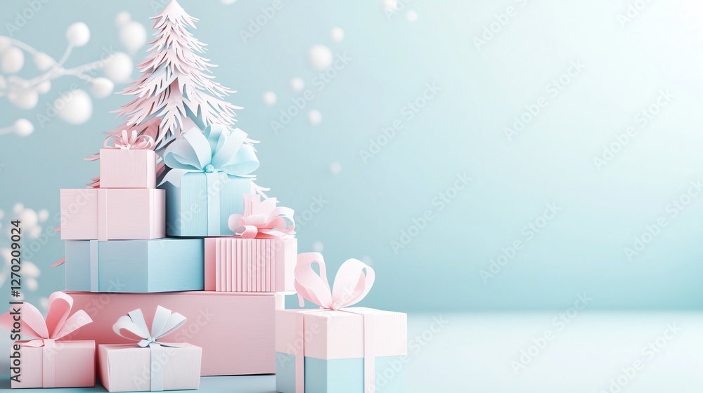 Poster a stack of elegant gift boxes in paper cut style, arranged like a christmas tree with intricate deta