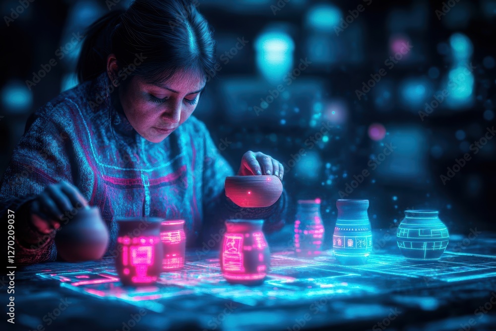 Poster focused woman working on computer illuminated by soft glowing lights in a modern workspace creating 