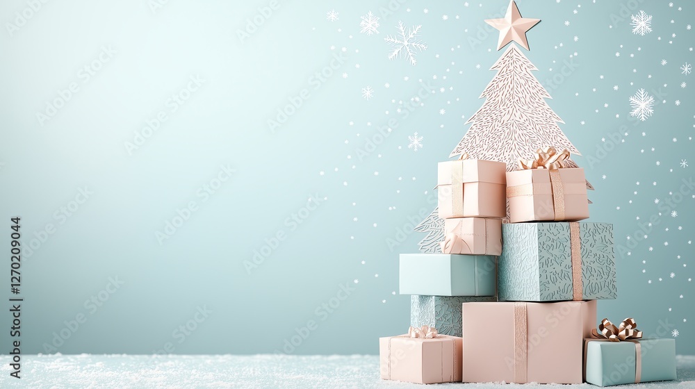 Poster a stack of elegant gift boxes in paper cut style, arranged like a christmas tree with intricate deta