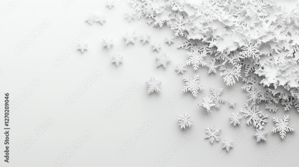Poster low-relief snowflakes softly overlapping on a smooth white background, creating a modern and elegant