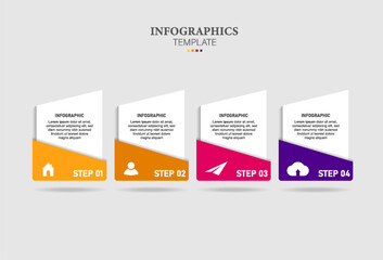Infographic business model with 4 successive steps. colorful graphic elements. Timeline design for brochure, presentation.