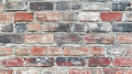 Fototapeta premium A close-up of an old brick wall with deep textures, faded colors, and weathered mortar lines.