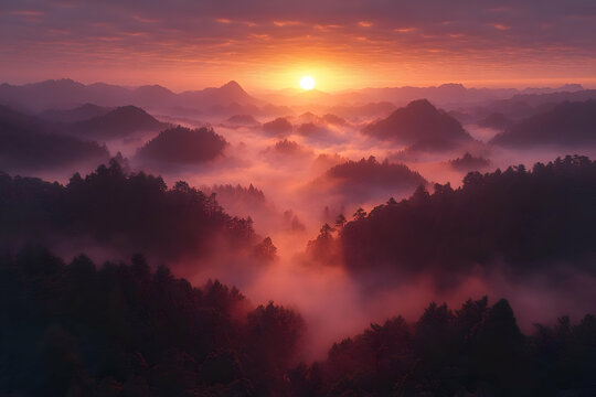 Sunrise Over Misty Mountainous Forest - Powered by Adobe