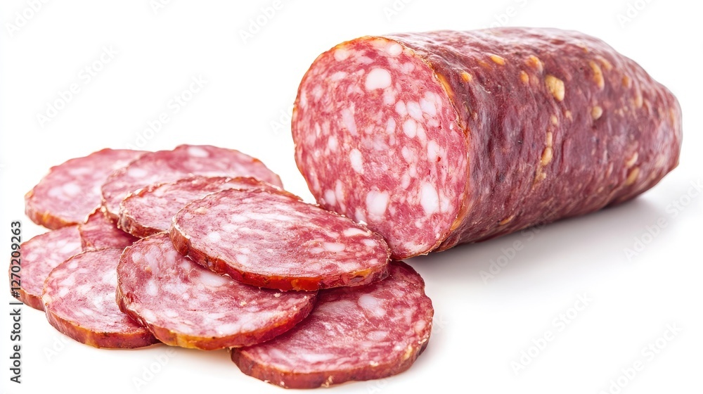 Poster A sliced mortadella sausage with visible fat marbling, displayed on a white background.