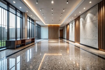 Obraz premium Modern Building Interior Spacious Lobby with Polished Floor, Wood Accents, and Abundant Natural Light