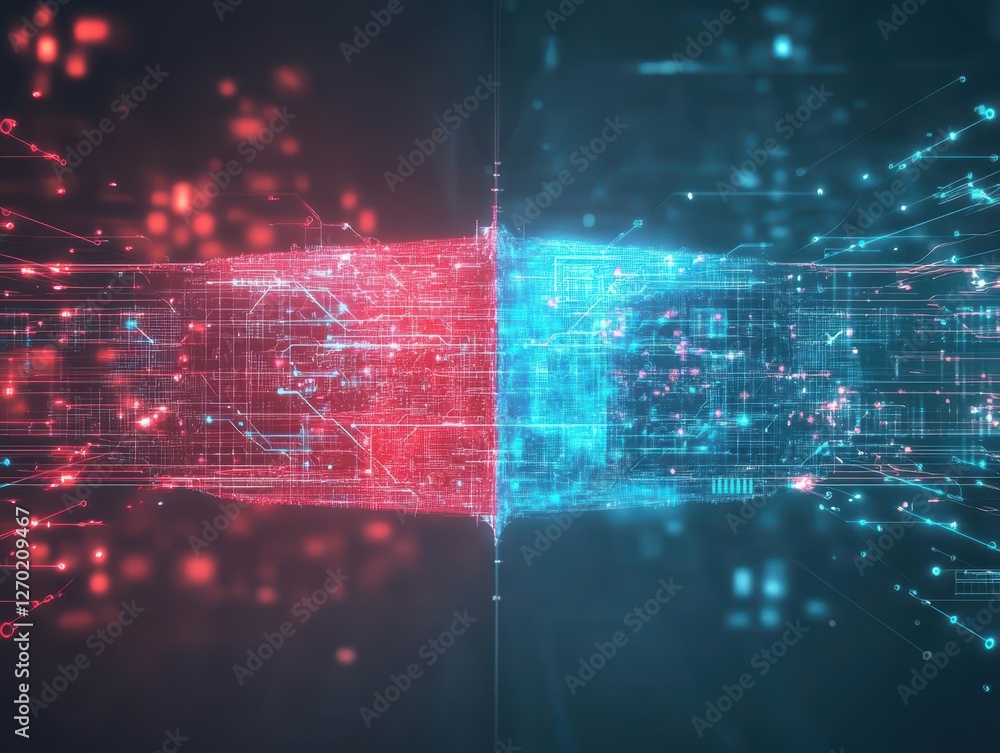 Poster vibrant blue and red abstract background featuring dynamic lines and dots creating a modern artistic