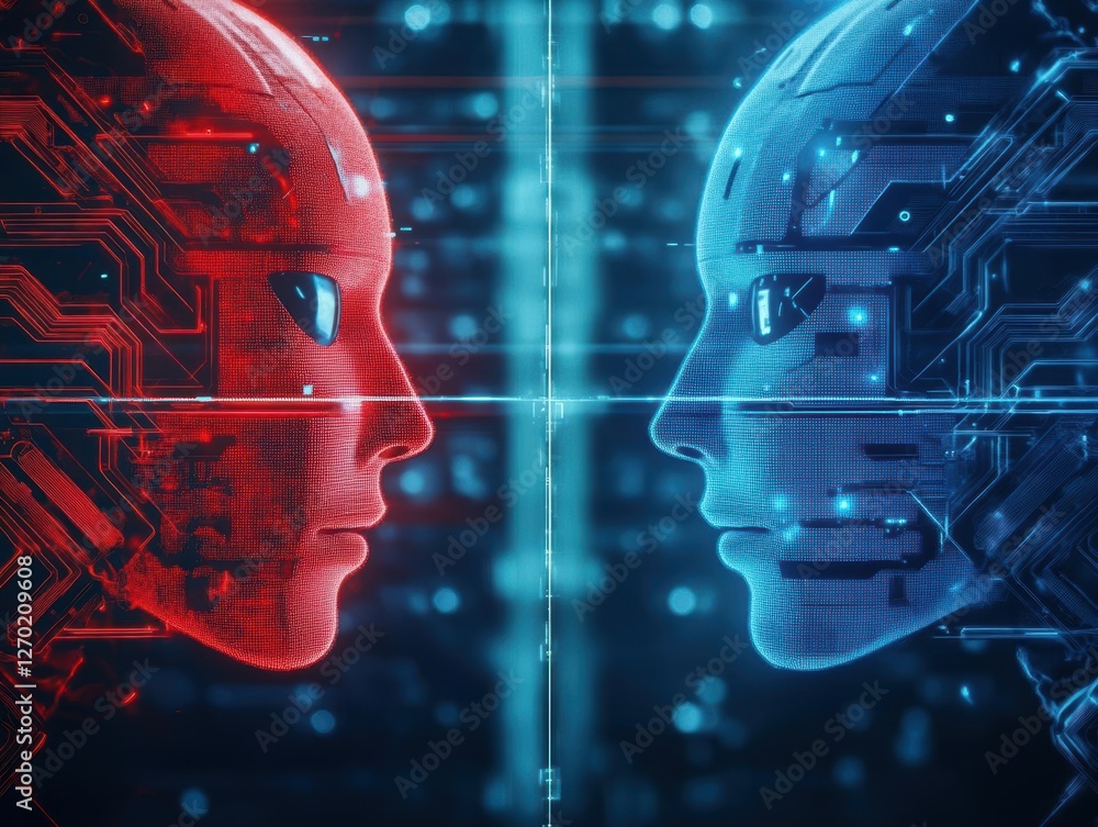 Poster futuristic concept featuring two human heads merged with circuitry against a high-tech background sy