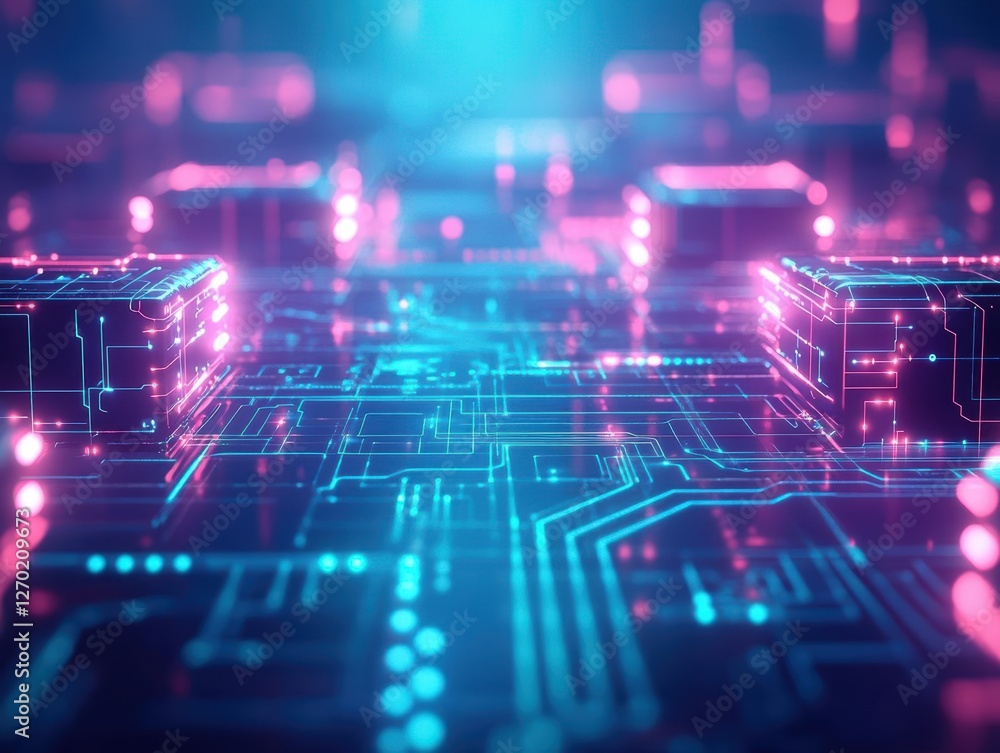 Poster intricate circuit board design featuring glowing lights and complex patterns set against a dark back