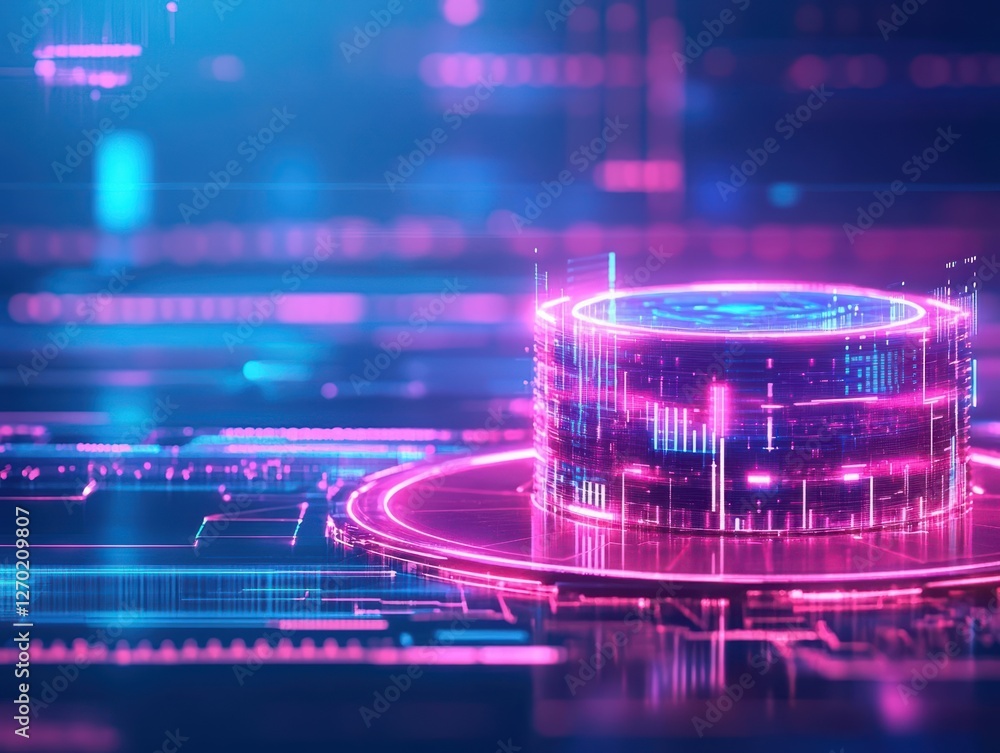 Poster futuristic computer processor illuminated by dynamic blue and pink lights showcasing advanced techno